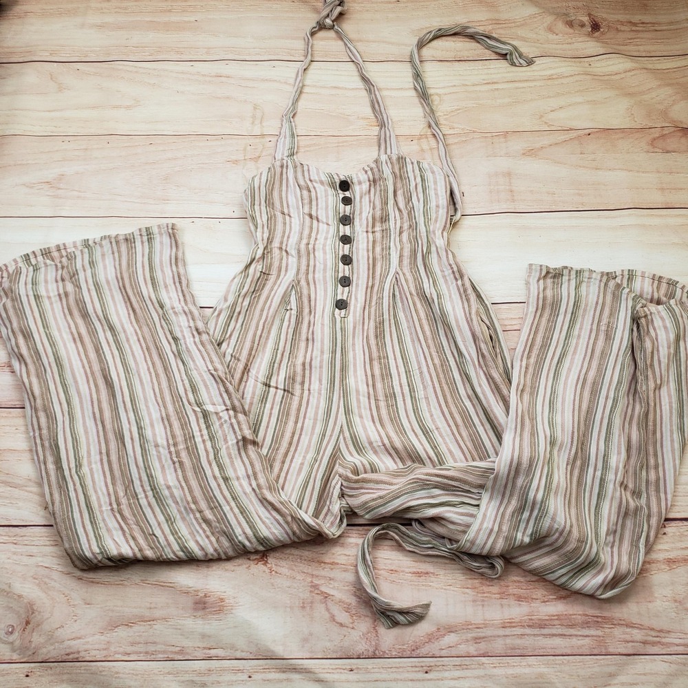 American Eagle Jumpsuit Womens Small Beige Striped Wide‎ Leg Halter Viscose